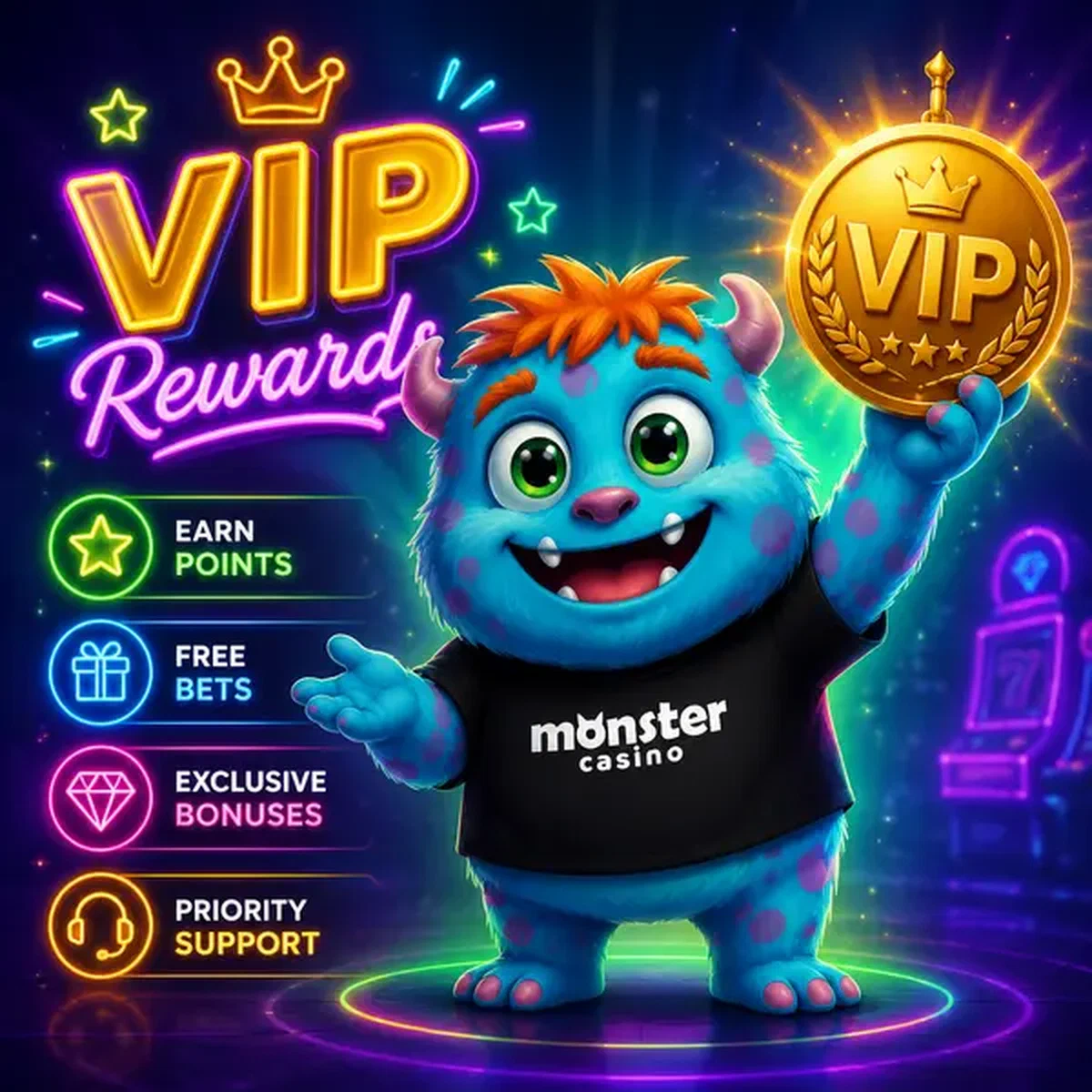 Friendly monster mascot proudly displaying VIP badge at Monster Casino loyalty program welcome