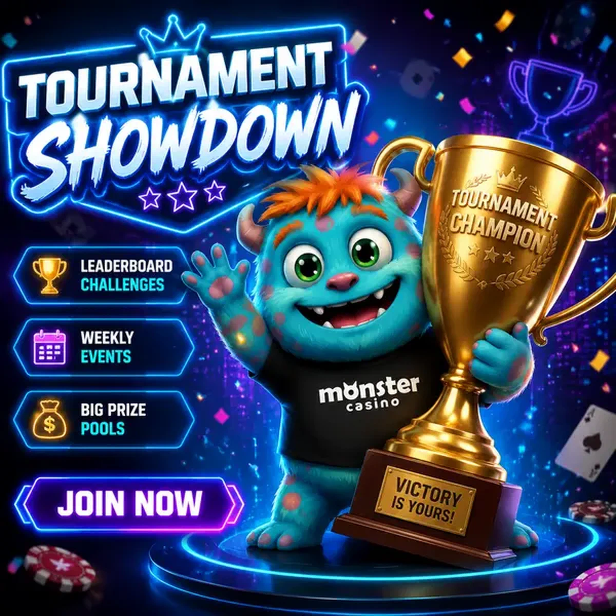 Monster Casino Tournaments mascot celebrating with golden trophy after tournament victory
